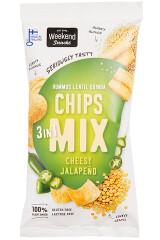 WEEKEND SNACK Juustu-ja jalapenomaitseliste hummuse-, läätse- ja kinoakröpsude segu 90g