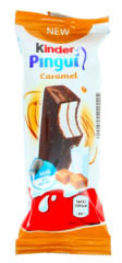 KINDER Pingui tumeda šokolaadiga kaetud biskviitmaius piimatäidisega (41,5%) ja karamelliga (20%) 30g