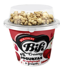 ROKIŠKIO BIFI CREAMY Jogurtas ROKIŠKIO Bifi Creamy su vyšniomis ir granola 6% rieb., 200 g 200g