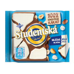 ORION STUDENTSKA Baltasis ir pieninis šokoladas su žemės riešutais, razinomis ir želė 90g