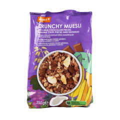 RIMI Muesli with chocolate, banana, raisin. 350g
