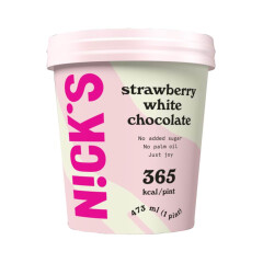 NICK'S Vaniljejäätis valge šokolaadi helveste ja maasikakastmega, magusainetega 473ml