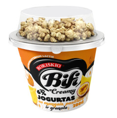ROKIŠKIO BIFI CREAMY Jogurtas ROKIŠKIO Bifi Creamy su mangais, pasiflora ir granola 6% rieb., 200 g 200g