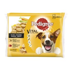 PEDIGREE konservuotas šunų ėdalas, 4 maišeliai po 100 g su vištiena ir daržovėmis bei su jautiena ir daržovėmis 400g