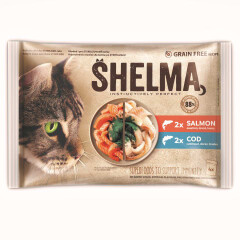 SHELMA Konservi kaķiem ar lasi un mencu 4pcs