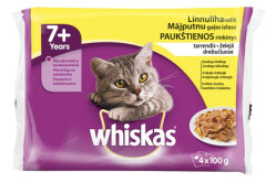 WHISKAS kiisueine 4-pakk 7+ kassidele linnulihavalik tarrendis 400g